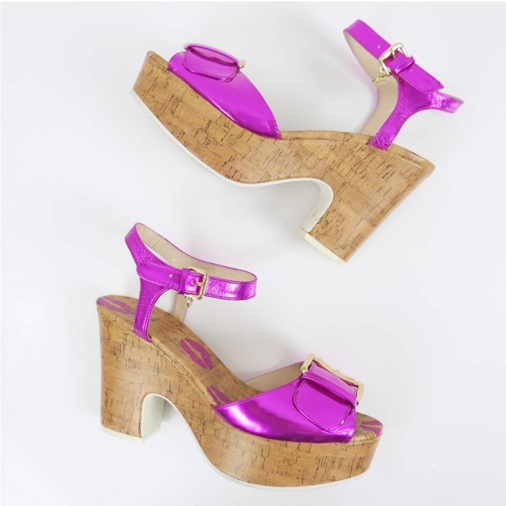 Juicy couture metallic pink cork platform heel with  buckle detailing NEW